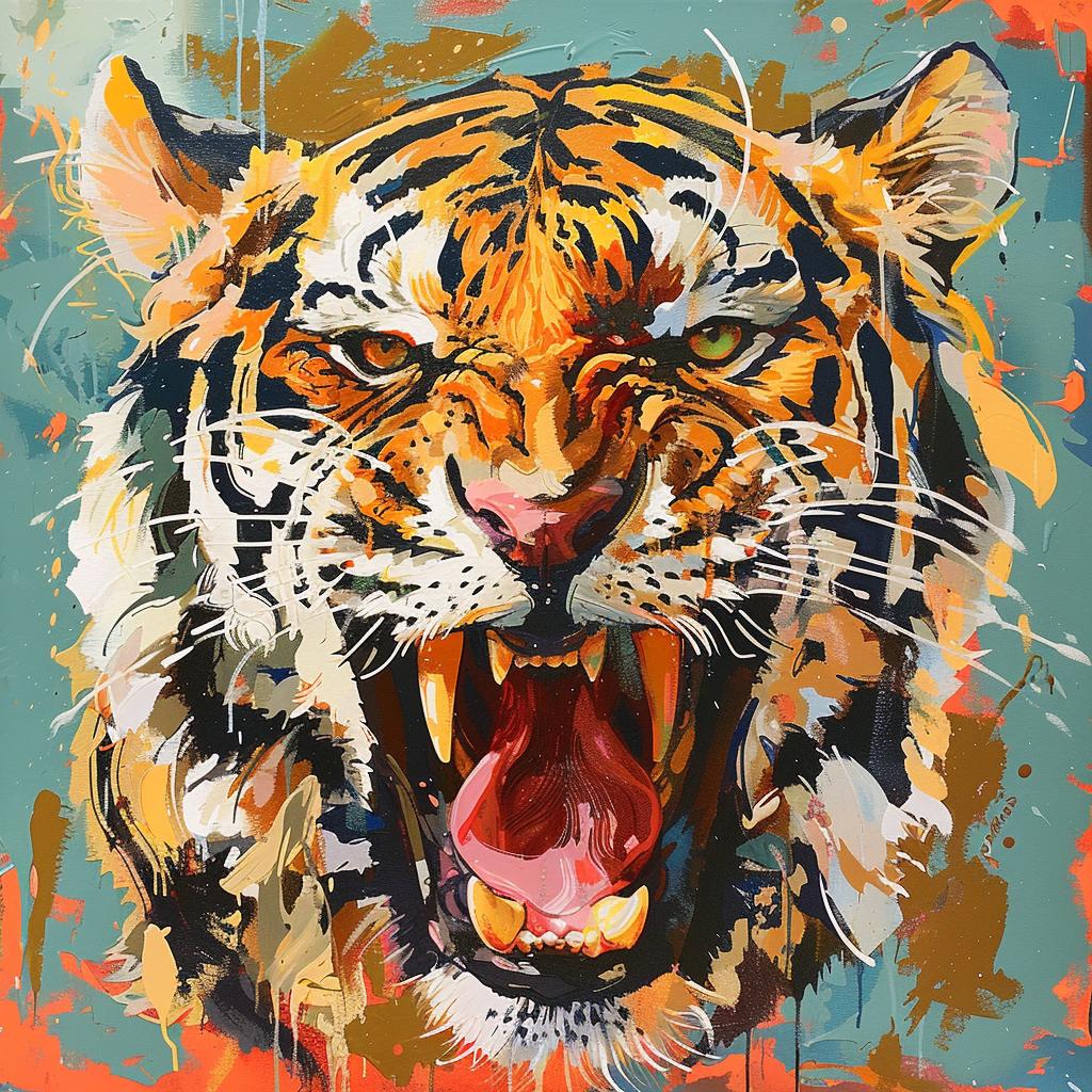 fierce  tiger  snarling  StephanieVance  landscape  vibrant  textured  brushwork  detailed  whimsical 938667