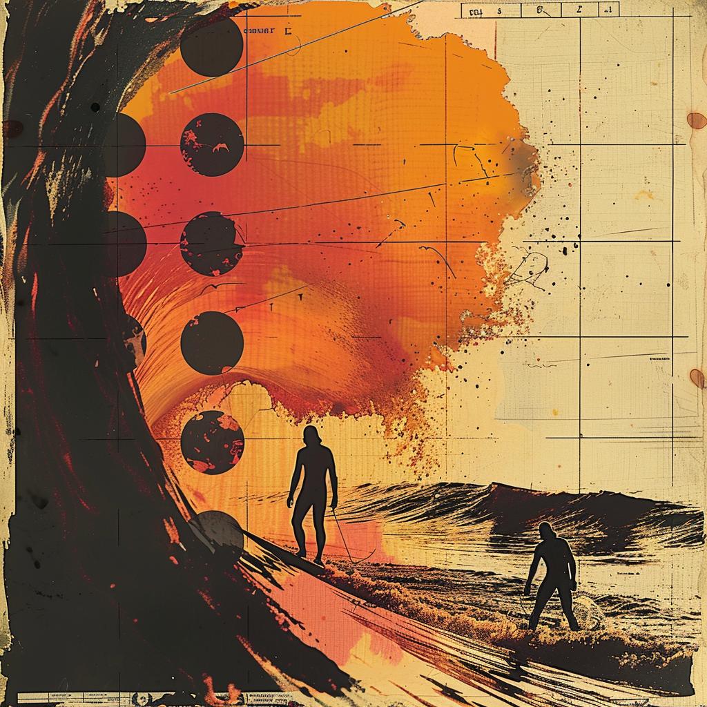 surfboard  collage  silhouettes  surfers  vibrant  color  Rodchenko  wave  beach  art 1034155