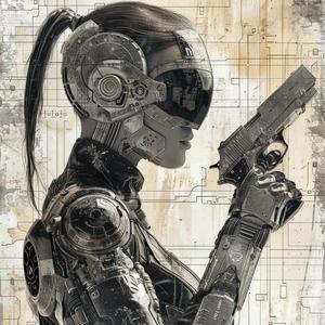 رسم لشخصية سايبربانك محفور على صفائح نحاسية، امرأة، بدلة مستقبلية، أسلوب مسدس 1074138