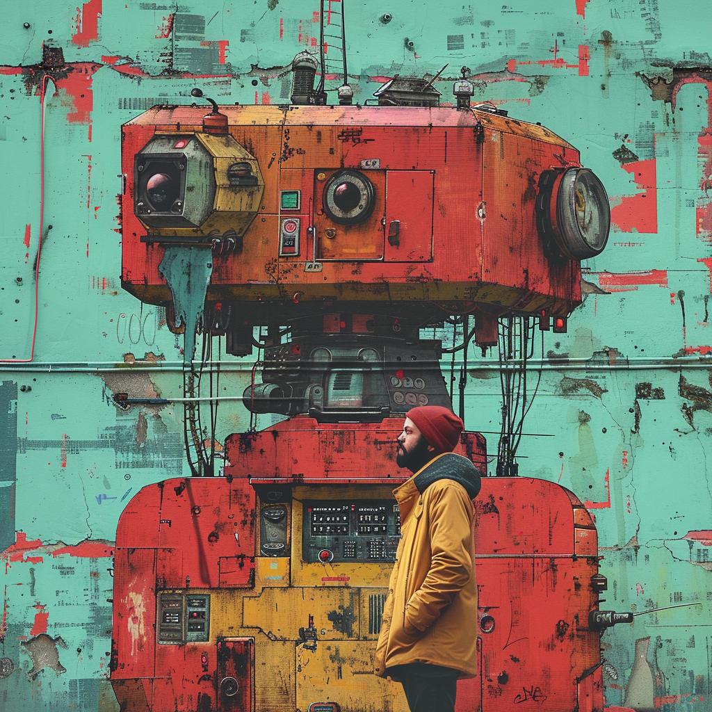 surreal  album  cover  hyper-realistic  screenprinting  man  robot  creative  dramatic  engaging 960281