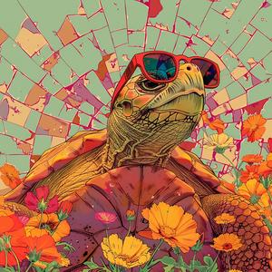 album  cover  turtle  sunglasses  flowers  field  surreal  chaos  Risograph  Symbolist 1078049