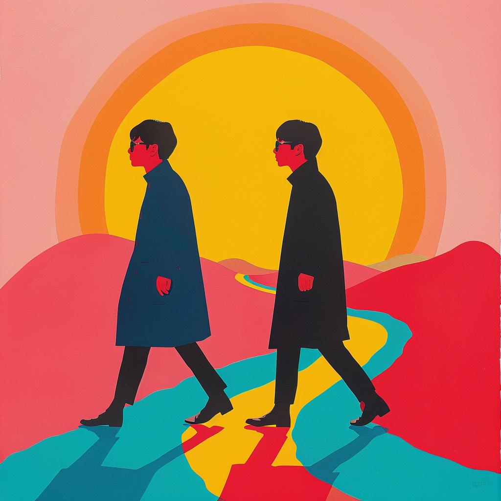 creative  surreal  album  cover  Beatles  sunset  poster  walking  romantic  scene 1019175