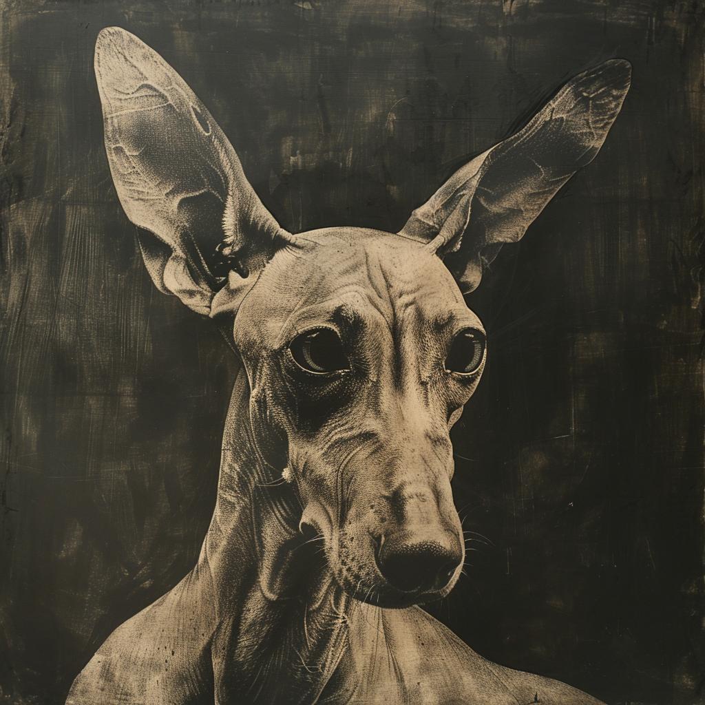 xoloitzcuintli  dog  portrait  black  white  large  ears  artistry  hans  bellmer 1028989