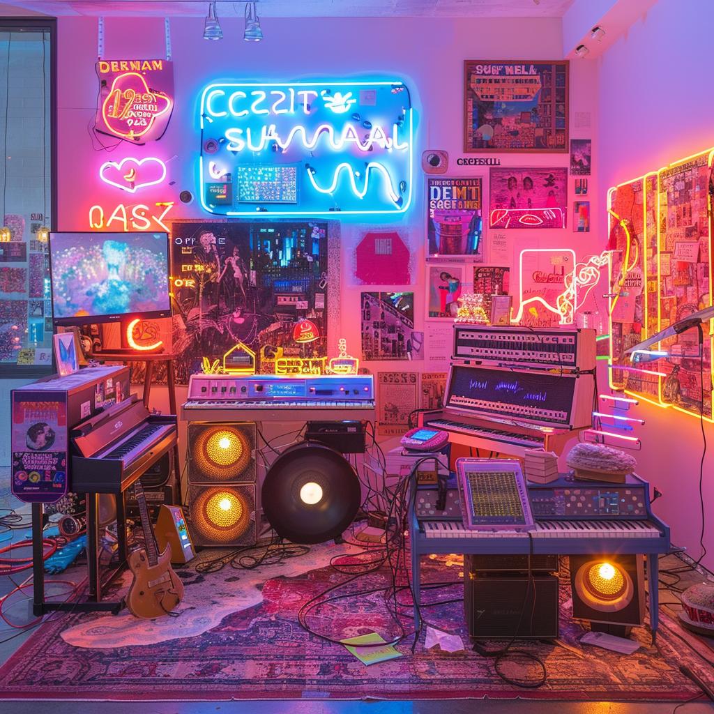 surreal  neon  lights  room  signs  music  equipment  art  creative  setup 962570