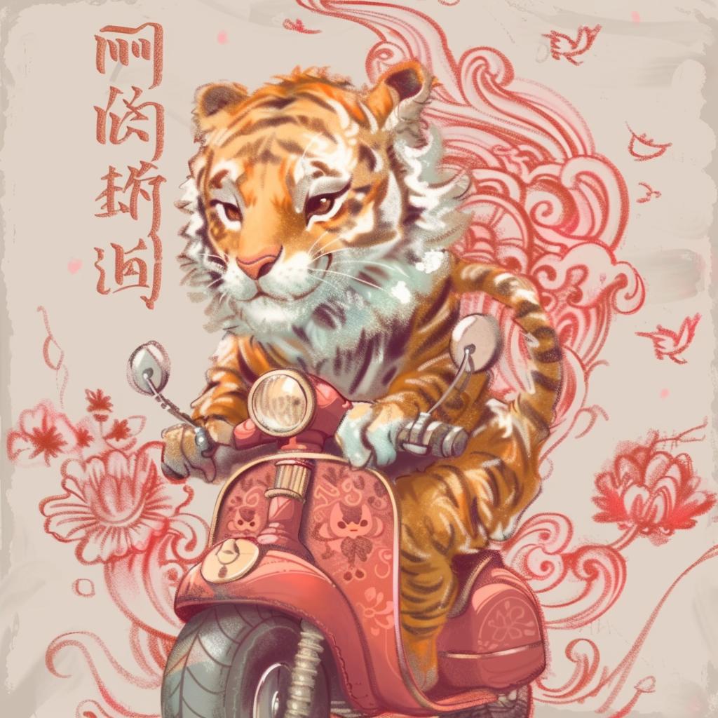 tiger  motorcycle  Chinese  writing  happy  playful  illustration  animal  transport  vintage 944218