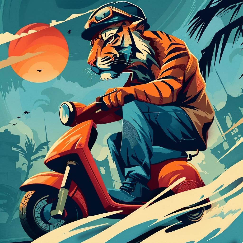 tiger  scooter  white  background  stylized  desert  fun  animal  action  movement 1026185