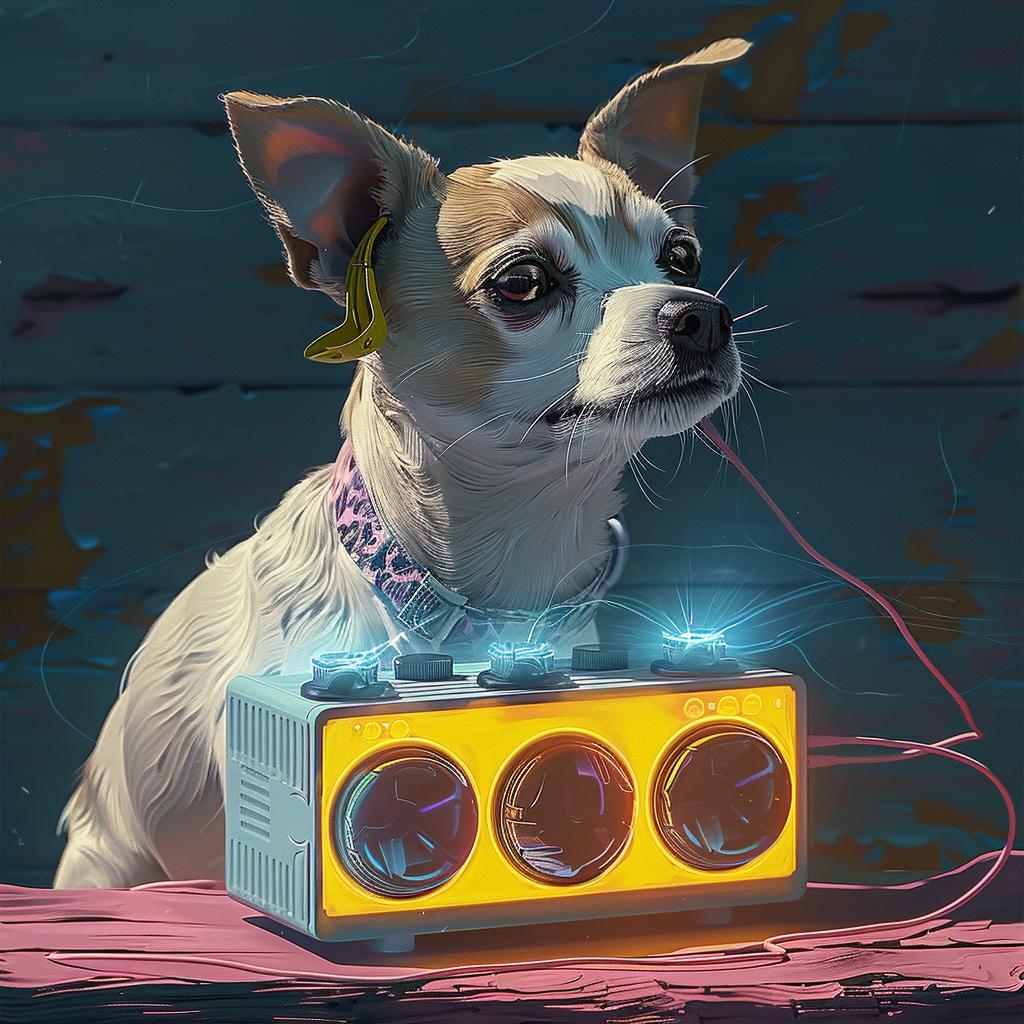dog  boombox  companionship  vibrant  painting  music  animal  playful  style  whimsical 1016599