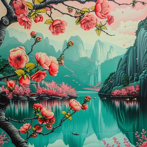 cherry-blossom  tree  lake  minimal  chromolithography  serene  nature  delicate  pink  art 1037552
