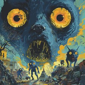 three-eyed  DOG  ominous  occult  Surrealism  Art Nouveau  pointillism  gold  indigo  teal 1077037