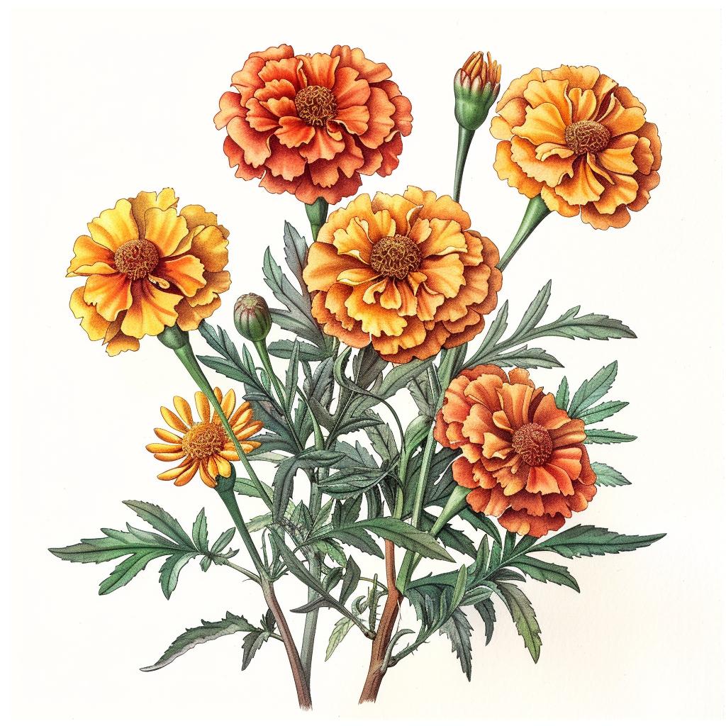 orange  marigolds  flowers  illustration  vibrant  botanical  nature  colorful  art  painting 971898