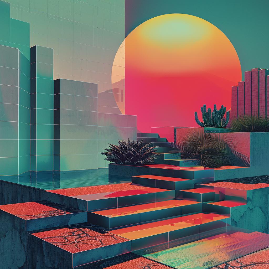 album  cover  1980s  sunset  city  steps  synthwave  trippy  geometric  vibrant 960633
