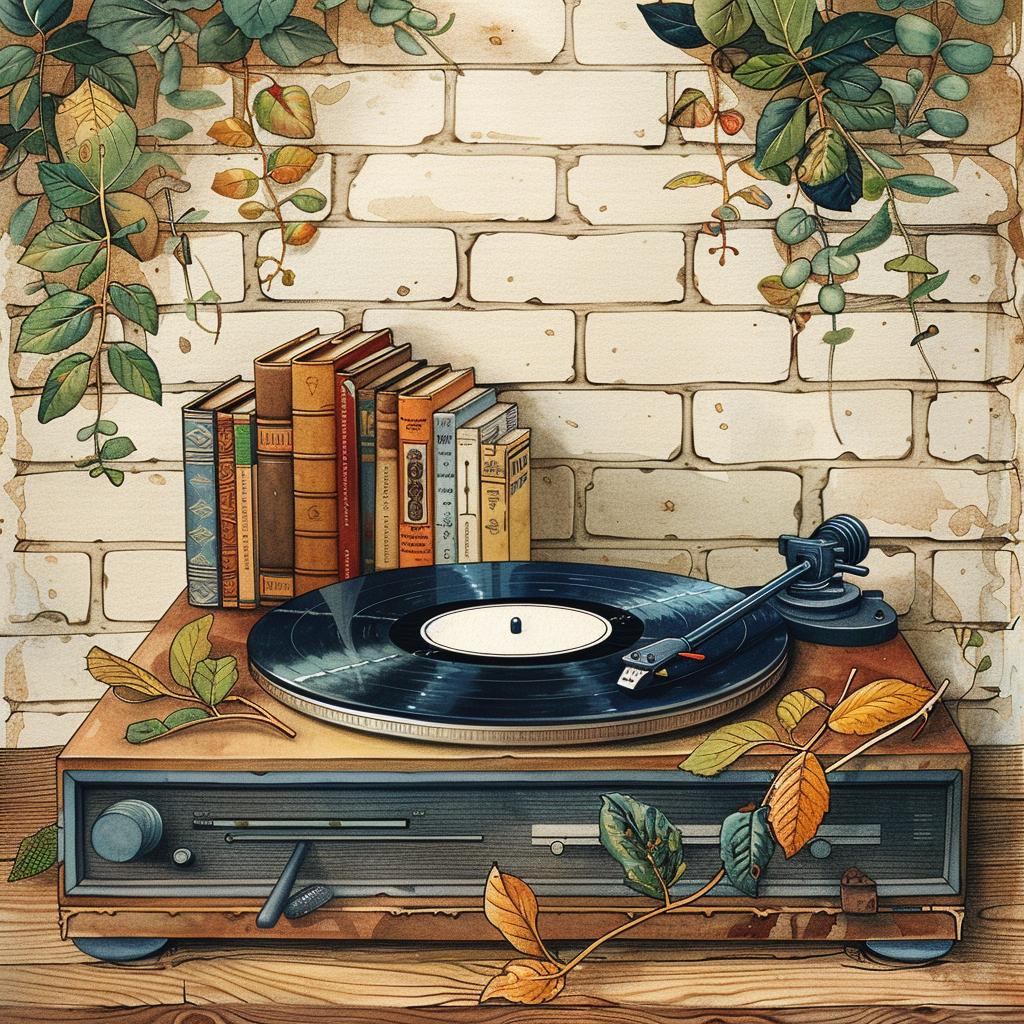 vinyl  record  player  storybook  illustration  table  leaves  nostalgic  artistic  cozy 961230