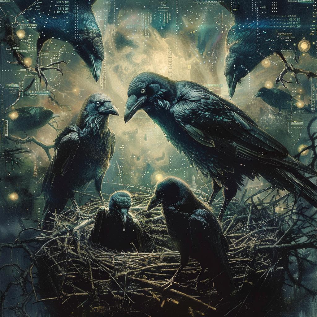 ravens  nest  birds  feeding  city  background  art  illustration  nature  visual 1034478