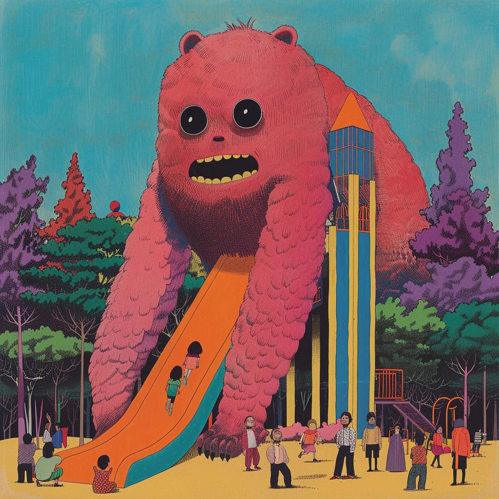 album  art  monster  playground  children  humor  mid-century  colorful  furry  illustration 964100