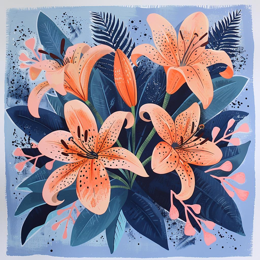lilies  orange  art  print  Risograph  Chinese  MaudLewis  botanical  floral  illustration 970574