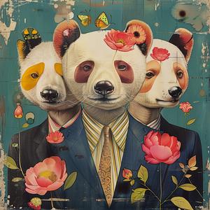panda  bears  suits  flowers  chromolithography  art  animals  portrait  whimsical  illustration 1058449