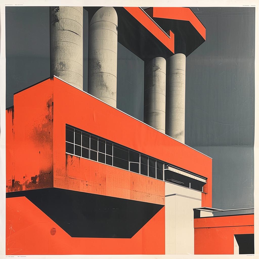 poster  1970s  industrial  brutalist  graphics  building  design  columns  pillars  orange 922507