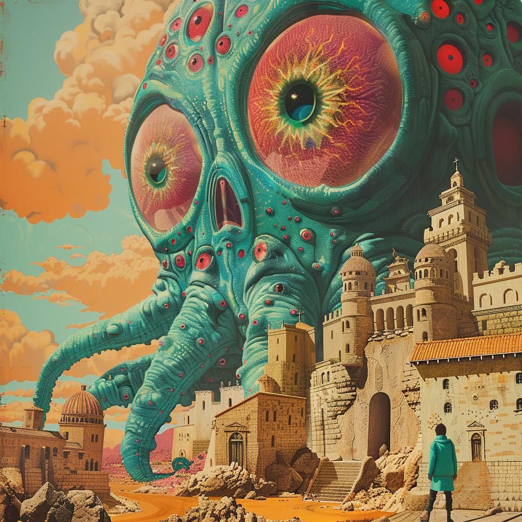 surreal  album  cover  octopus  castle  background  occult  technicolor  art  design 974346