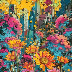 album  cover  flowers  city  buildings  colorful  surreal  chaos  symbolist  screenprinting 1078023