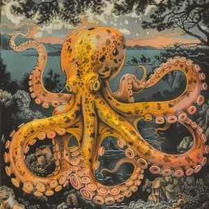 creative  surreal  octopus  large  yellow  head  risograph  symbolist  screenprinting  illustration 1079090