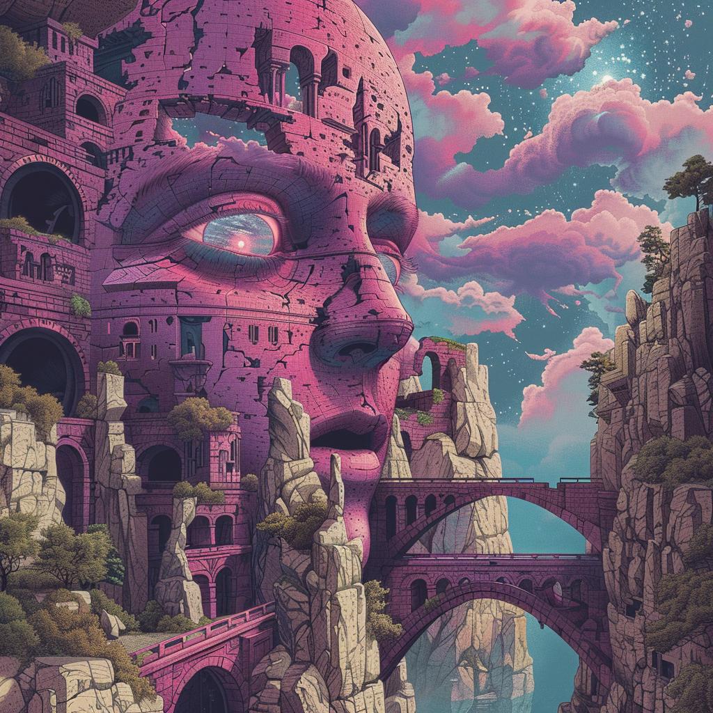 surreal  album  cover  hyper-realistic  screenprinting  Aryz  pink  castle  fantasy  creative 960432