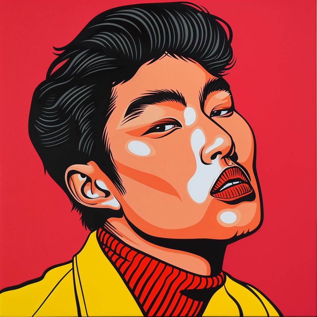 man  painting  asian-american  black hair  red shirt  portrait  casual  colorful  expression  modern 1023772