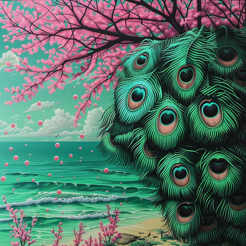 collage  peacock  flowers  waves  bloom  Aurora  Borealis  beach  vibrant  nature 1016867
