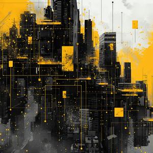 city  yellow  black  buildings  blockchain  abstract  nodes  links  cubes  shape 1040525