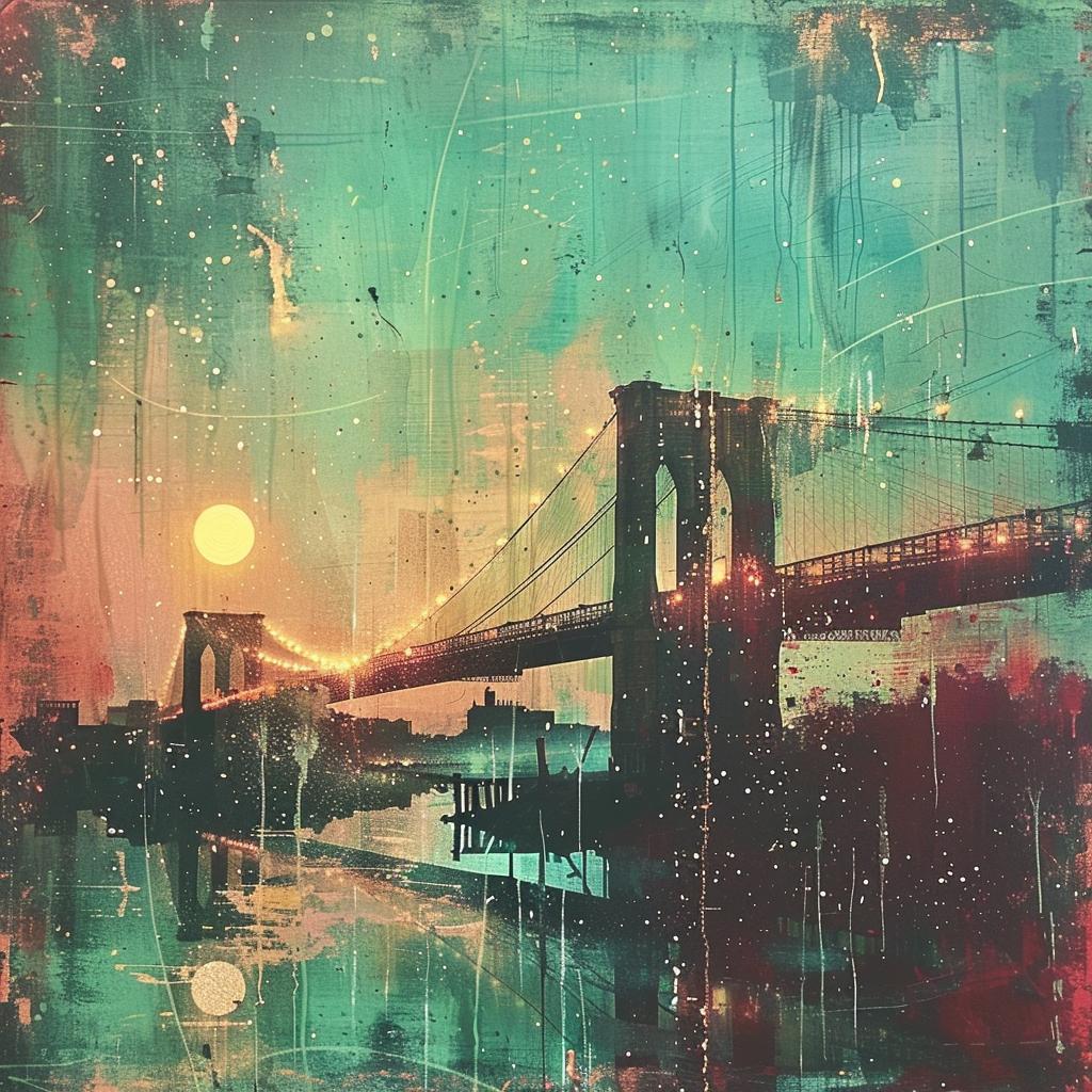 Brooklyn  bridge  painting  sunset  cityscape  colors  sky  water  reflection  landmark 1027431