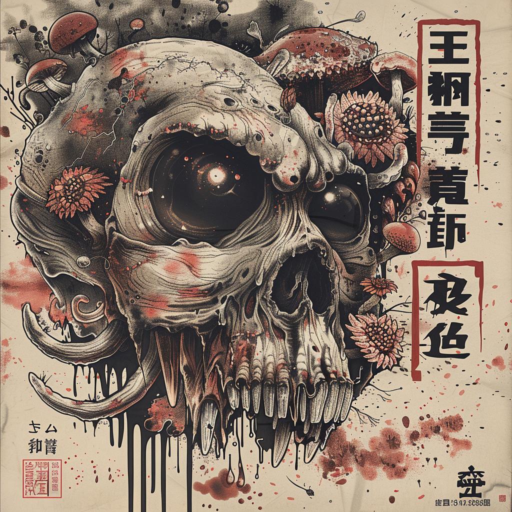skull  flowers  poster  dark  colorful  Japanese  horror  chromolithography  artwork  design 1036139