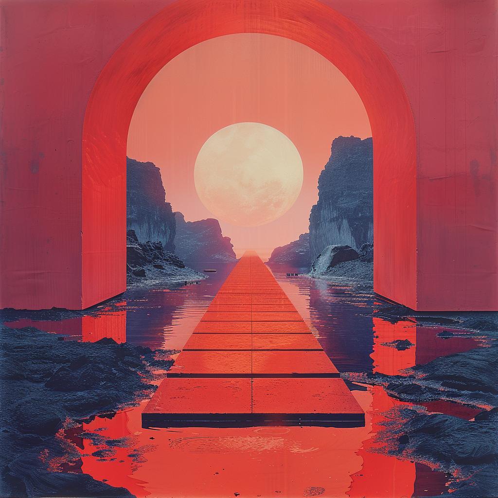 Ed Ruscha  paintings  natural  volumetric  grain  lighting  bridge  red sky  sun  horror 1026400