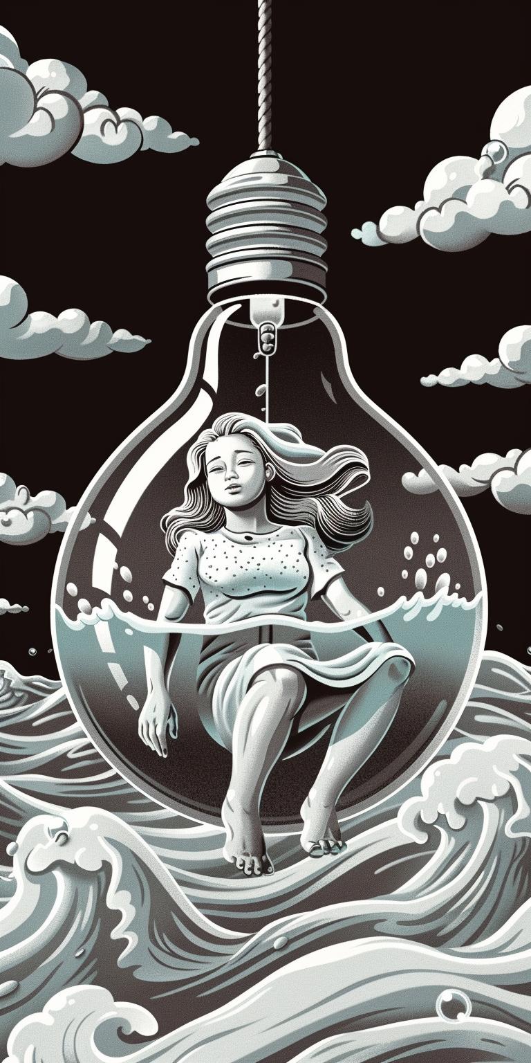 lightbulb  liquid  drowning  woman  ocean  surreal  dark  conceptual  illustration  trapped 940602