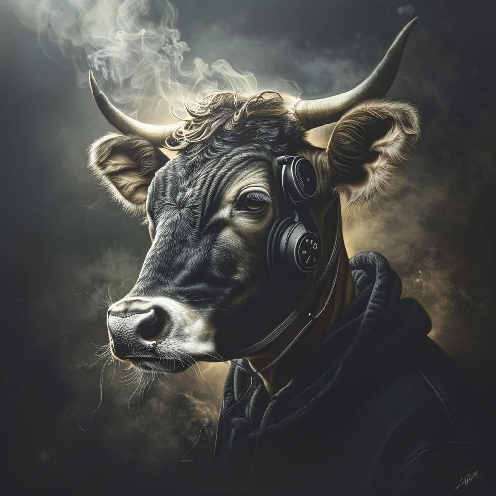 cow  headphones  animal  illustration  humor  cartoon  quirky  modern  stylized  playful 1034136