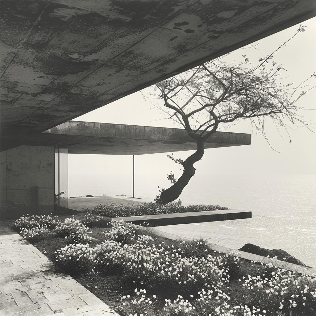 photography  house  tree  black  white  flowers  ocean  Arata  Isozaki  design 1036249