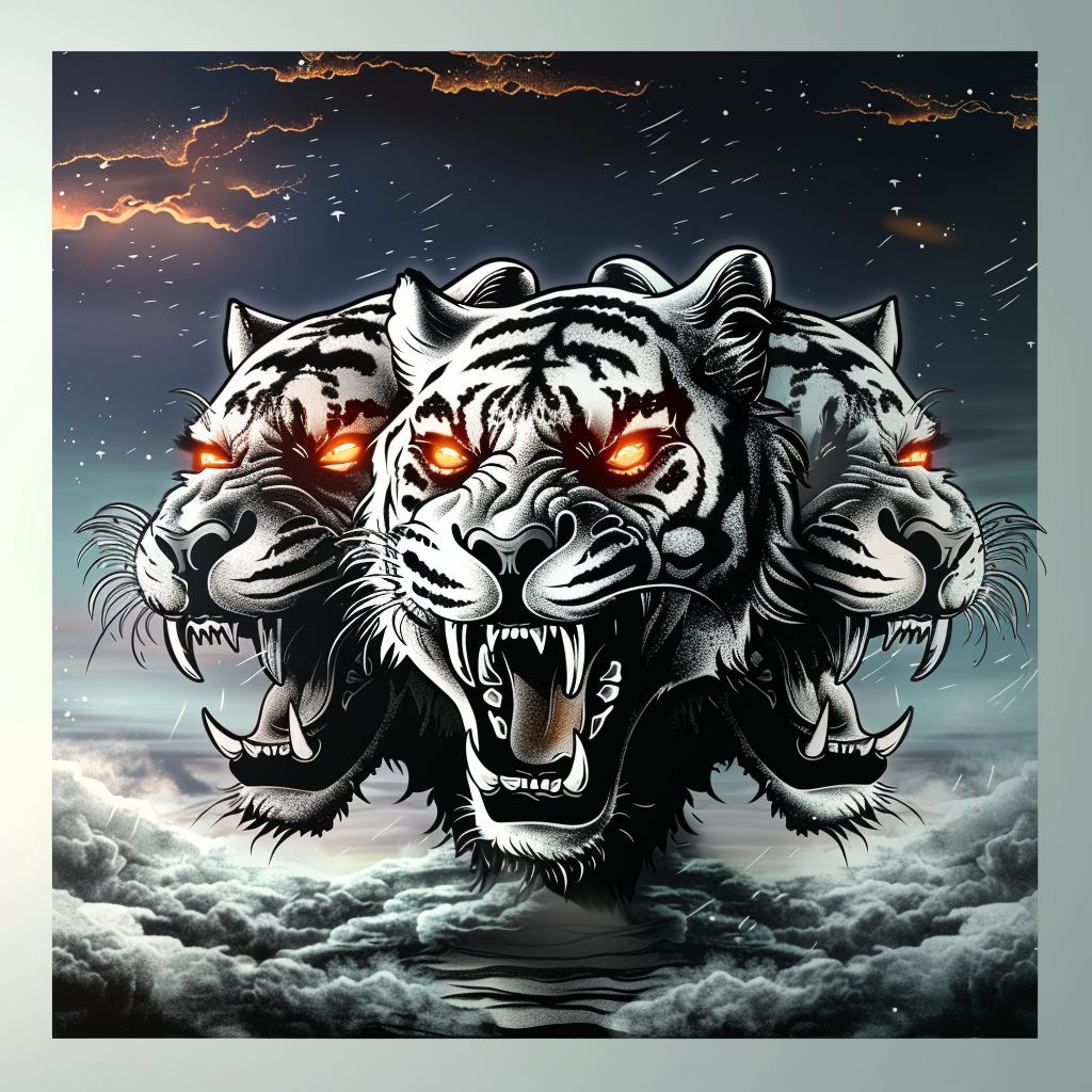 three  headed  tiger  creature  glowing  eyes  dark  background  mysterious  fantasy 1033063