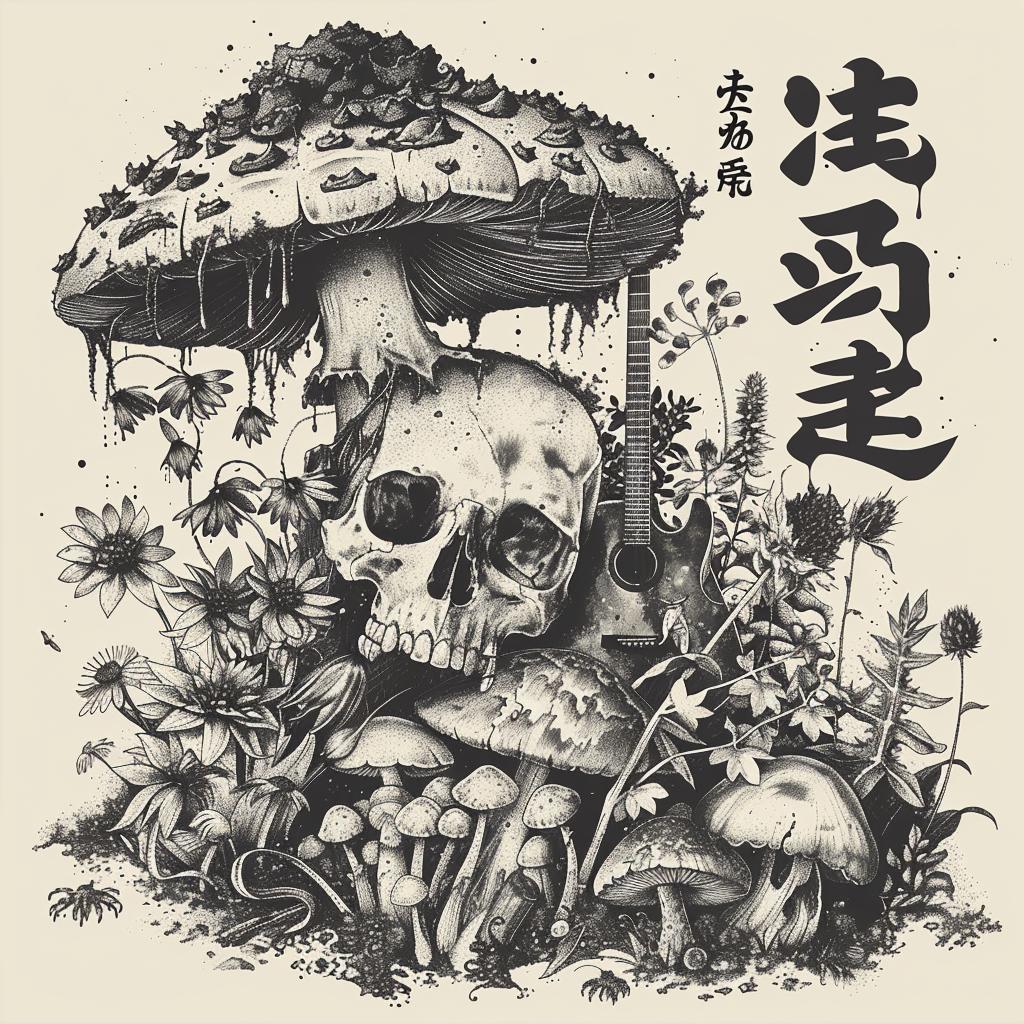 mushrooms  skull  guitars  villagers  forest  Japanese  intertwined  flowers  drawing  art 1036315