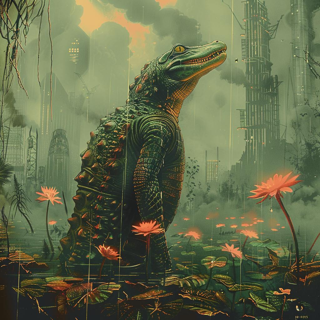 alligator  swamp  flowers  chromolithography  nature  wildlife  vibrant  colorful  painting  organic 1028933
