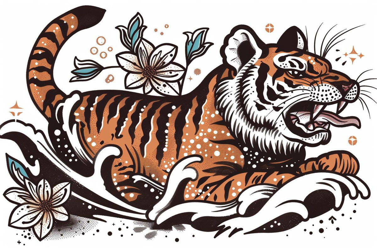 tiger  leaping  SailorJerry  wildlife  feline  water  flowers  art  dynamic  illustration 943480