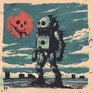 robot  skull  moon  surreal  album  cover  Risograph  hyper-realistic  screenprinting  symbolist 1077250