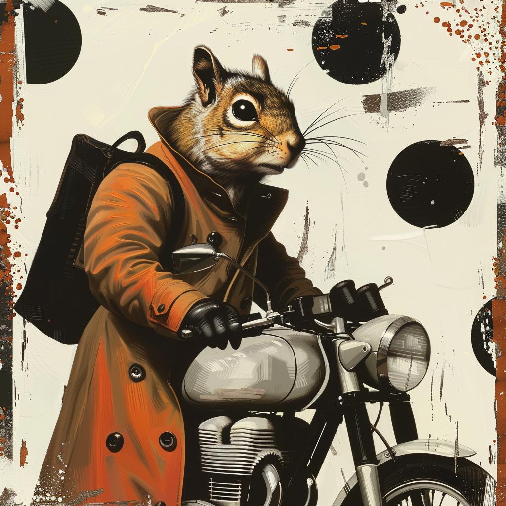 squirrel  motorcycle  polka dots  trenchcoat  funny  adventure  quirky  whimsical  animal  humor 1021444