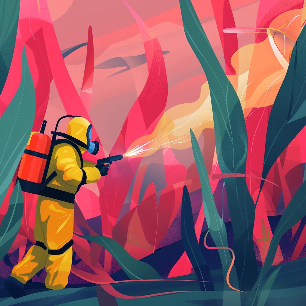 hazmat  suit  spraying  water  plants  digital  illustration  action  yellow  environment 944303