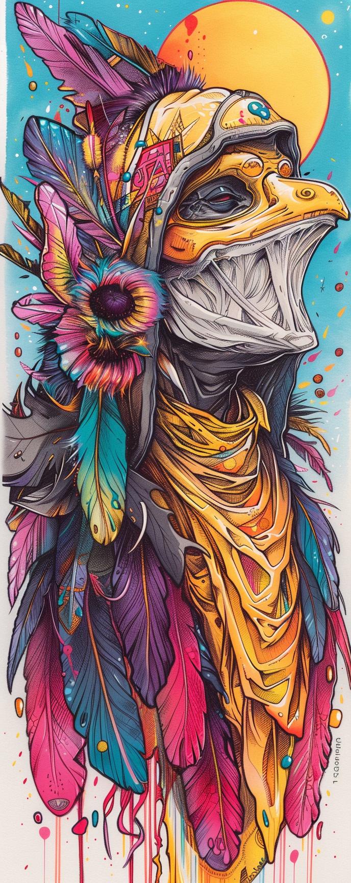 drawing  skull  feathers  flowers  mythical  whimsical  colorful  artistic  blend  unique 940777