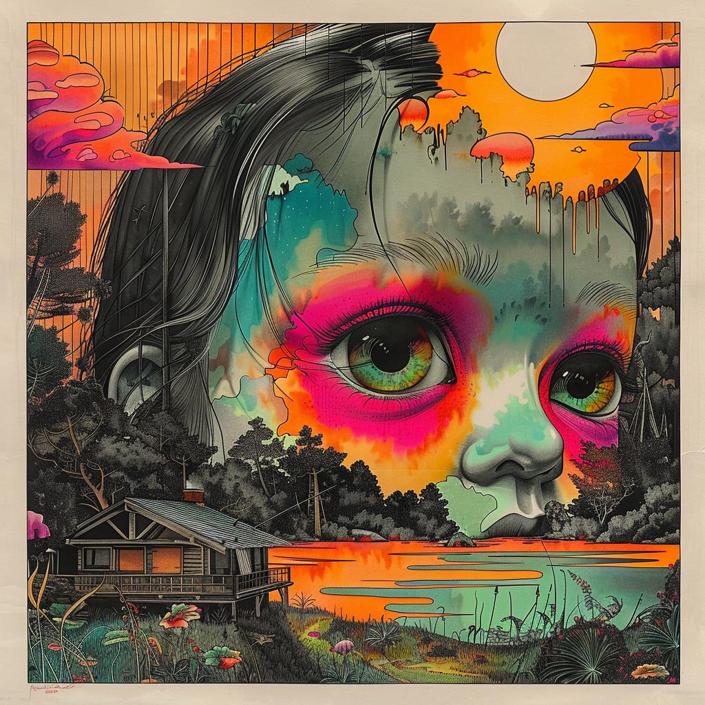 horror  poster  Japanese  lettering  girl  eyes  colorful  surreal  graphic  art 1036393