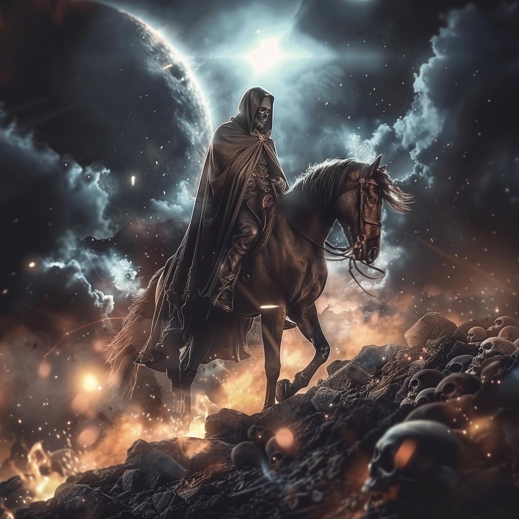 grim  reaper  horseback  dark  mood  battlefield  skulls  figure  symbol  death 1034339