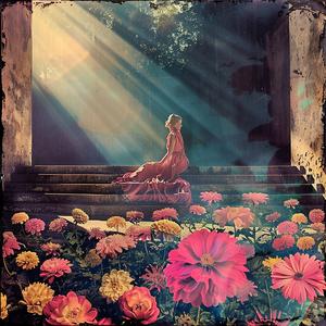 woman  steps  garden  flowers  sitting  relaxing  lush  chromolithography  outdoor  serenity 1040075