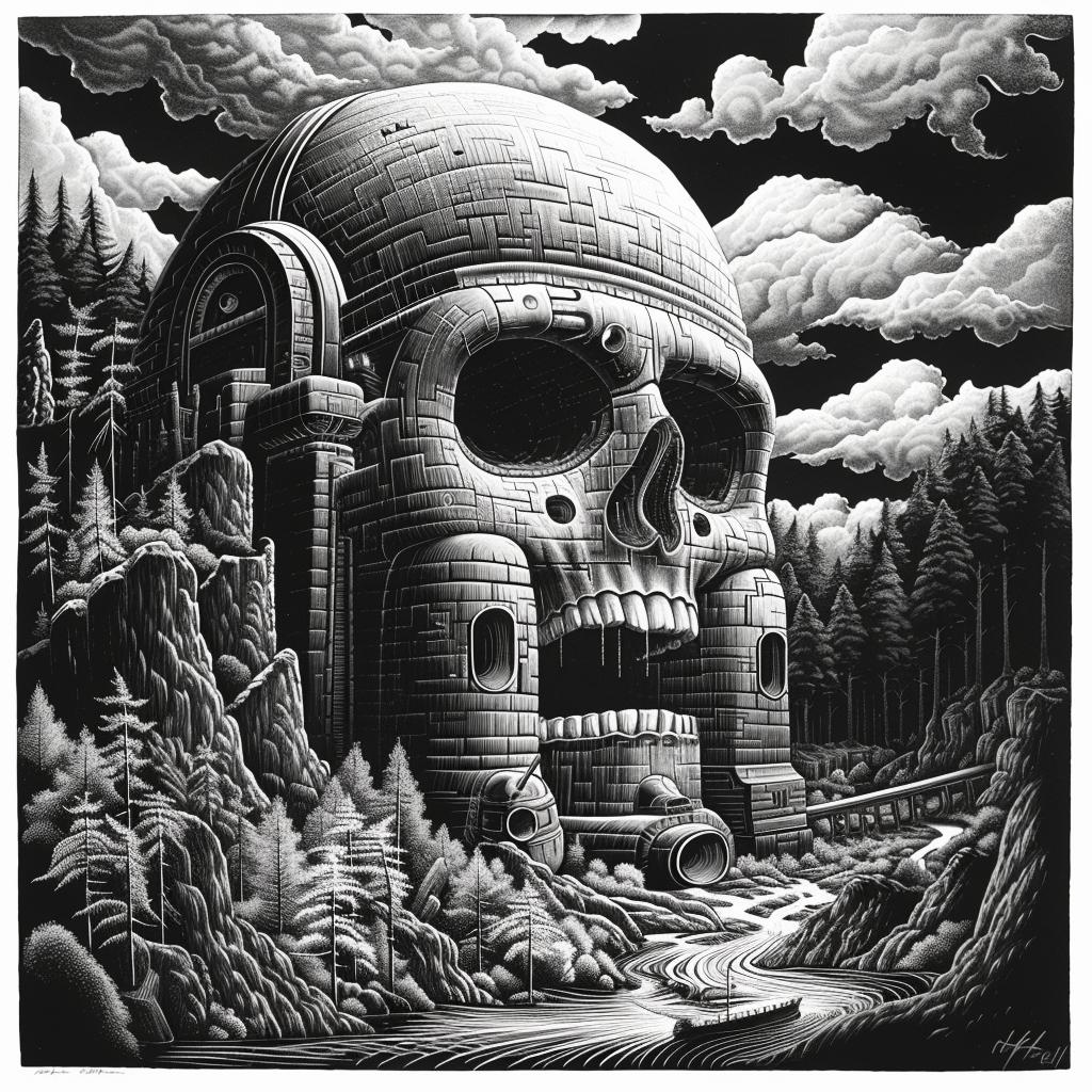 album  cover  woodcut  skull  castle  forest  science  occult  black-and-white  Posada 924080