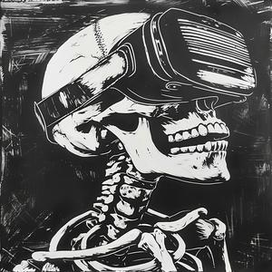 skeleton  VR  headset  monoprint  black  white  linocut  character  mask  vector 1070805