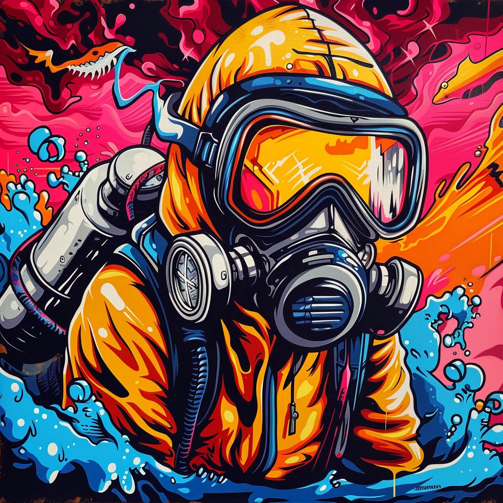 man  hazmat  suit  sea-monster  flamethrower  action  dynamic  dramatic  intense  colorful 944325