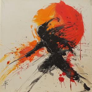 ninja  assassin  painting  Ralph  Steadman  red  sun  Japanese  art  style 1077976
