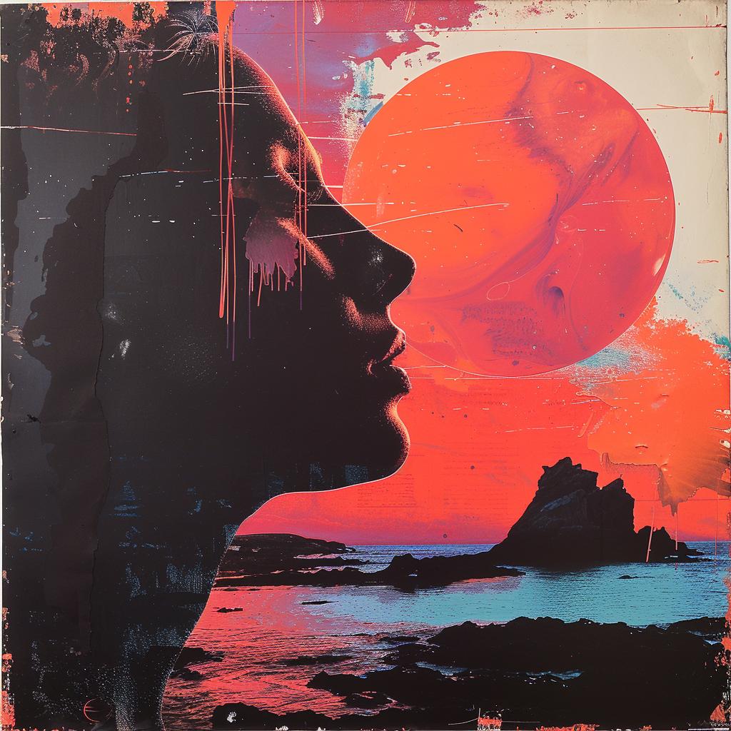 surreal  album  cover  hyper-realistic  screenprinting  woman  red  sun  background  art 960581